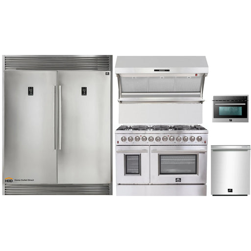Forno 5-Piece Appliance Package - 48-Inch Dual Fuel Range, 56-Inch Pro-Style Refrigerator, Wall Mount Hood with Backsplash, Microwave Oven, & 3-Rack Dishwasher in Stainless Steel FORNO