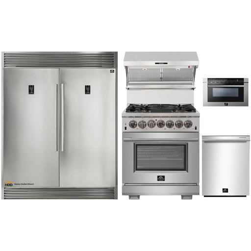 Forno 5-Piece Pro Appliance Package - 30-Inch Dual Fuel Range, 56-Inch Pro-Style Refrigerator, Wall Mount Hood with Backsplash, Microwave Drawer, & 3-Rack Dishwasher in Stainless Steel FORNO