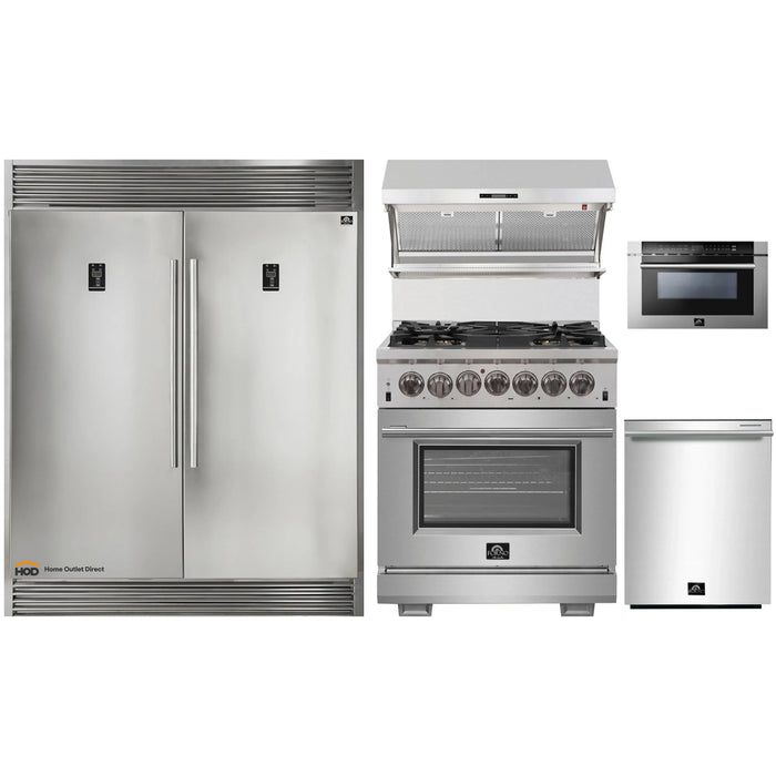 Forno 5-Piece Pro Appliance Package - 30-Inch Dual Fuel Range, 56-Inch Pro-Style Refrigerator, Wall Mount Hood with Backsplash, Microwave Drawer, & 3-Rack Dishwasher in Stainless Steel FORNO