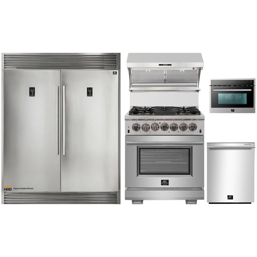 Forno 5-Piece Pro Appliance Package - 30-Inch Dual Fuel Range, 56-Inch Pro-Style Refrigerator, Wall Mount Hood with Backsplash, Microwave Oven, & 3-Rack Dishwasher in Stainless Steel FORNO