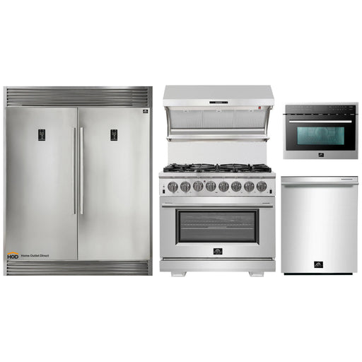 Forno 5-Piece Pro Appliance Package - 36-Inch Dual Fuel Range, 56-Inch Pro-Style Refrigerator, Wall Mount Hood with Backsplash, Microwave Oven, & 3-Rack Dishwasher in Stainless Steel FORNO