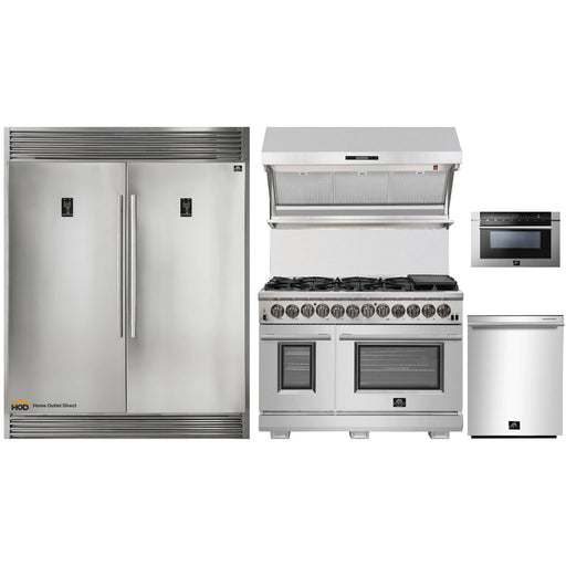 Forno 5-Piece Pro Appliance Package - 48-Inch Dual Fuel Range, 56-Inch Pro-Style Refrigerator, Wall Mount Hood with Backsplash, Microwave Drawer, & 3-Rack Dishwasher in Stainless Steel FORNO