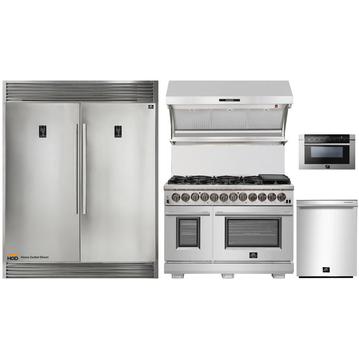 Forno 5-Piece Pro Appliance Package - 48-Inch Dual Fuel Range, 56-Inch Pro-Style Refrigerator, Wall Mount Hood with Backsplash, Microwave Drawer, & 3-Rack Dishwasher in Stainless Steel FORNO