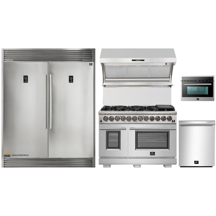 Forno 5-Piece Pro Appliance Package - 48-Inch Dual Fuel Range, 56-Inch Pro-Style Refrigerator, Wall Mount Hood with Backsplash, Microwave Oven, & 3-Rack Dishwasher in Stainless Steel FORNO