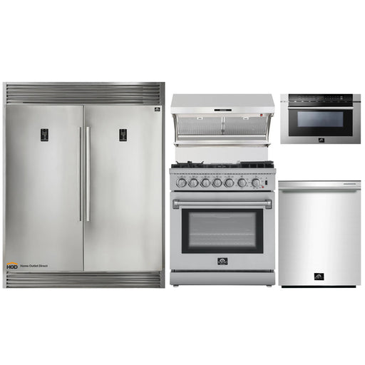 Forno 5-Piece Appliance Package - 30-Inch Dual Fuel Range with Air Fryer, 56-Inch Pro-Style Refrigerator, Wall Mount Hood with Backsplash, Microwave Drawer, & 3-Rack Dishwasher in Stainless Steel FORNO