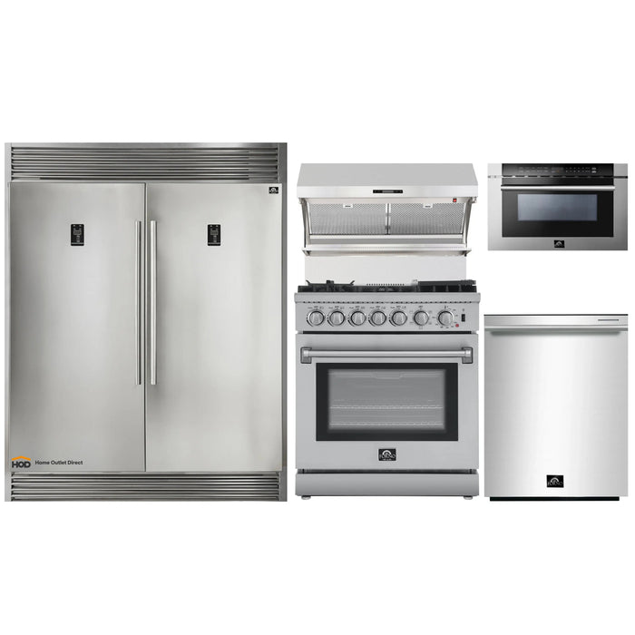 Forno 5-Piece Appliance Package - 30-Inch Dual Fuel Range with Air Fryer, 56-Inch Pro-Style Refrigerator, Wall Mount Hood with Backsplash, Microwave Drawer, & 3-Rack Dishwasher in Stainless Steel FORNO