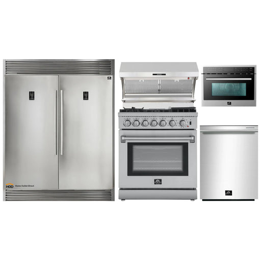 Forno 5-Piece Appliance Package - 30-Inch Dual Fuel Range with Air Fryer, 56-Inch Pro-Style Refrigerator, Wall Mount Hood with Backsplash, Microwave Oven, & 3-Rack Dishwasher in Stainless Steel FORNO