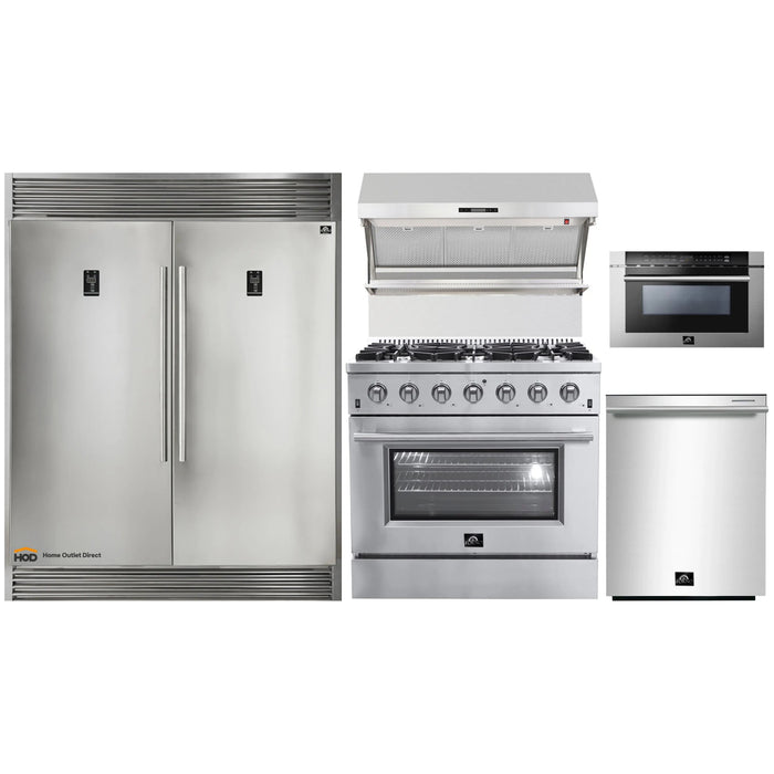 Forno 5-Piece Appliance Package - 36-Inch Gas Range, 56-Inch Pro-Style Refrigerator, Wall Mount Hood with Backsplash, Microwave Drawer, & 3-Rack Dishwasher in Stainless Steel FORNO