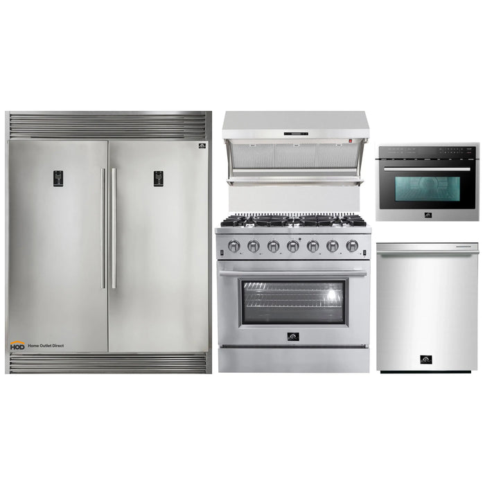 Forno 5-Piece Appliance Package - 36-Inch Gas Range, 56-Inch Pro-Style Refrigerator, Wall Mount Hood with Backsplash, Microwave Oven, & 3-Rack Dishwasher in Stainless Steel FORNO
