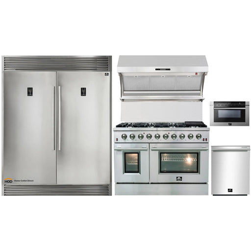 Forno 5-Piece Appliance Package - 48-Inch Gas Range, 56-Inch Pro-Style Refrigerator, Wall Mount Hood with Backsplash, Microwave Drawer, & 3-Rack Dishwasher in Stainless Steel FORNO