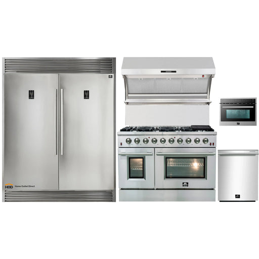 Forno 5-Piece Appliance Package - 48-Inch Gas Range, 56-Inch Pro-Style Refrigerator, Wall Mount Hood with Backsplash, Microwave Oven, & 3-Rack Dishwasher in Stainless Steel FORNO