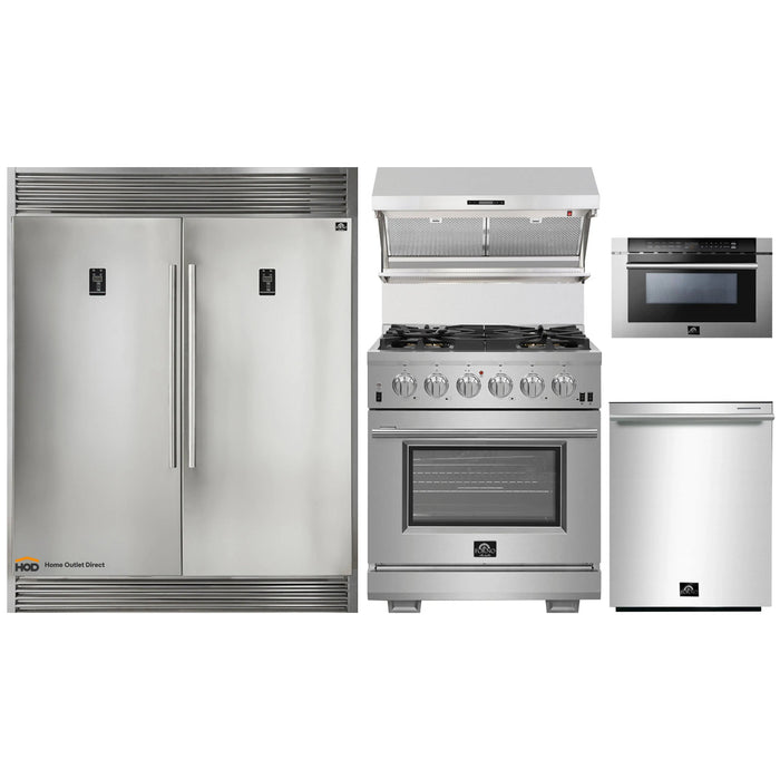 Forno 5-Piece Pro Appliance Package - 30-Inch Gas Range, 56-Inch Pro-Style Refrigerator, Wall Mount Hood with Backsplash, Microwave Drawer, & 3-Rack Dishwasher in Stainless Steel FORNO