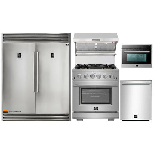 Forno 5-Piece Pro Appliance Package - 30-Inch Gas Range, 56-Inch Pro-Style Refrigerator, Wall Mount Hood with Backsplash, Microwave Oven, & 3-Rack Dishwasher in Stainless Steel FORNO