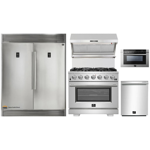 Forno 5-Piece Pro Appliance Package - 36-Inch Gas Range, 56-Inch Pro-Style Refrigerator, Wall Mount Hood with Backsplash, Microwave Drawer, & 3-Rack Dishwasher in Stainless Steel FORNO