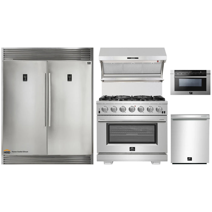 Forno 5-Piece Pro Appliance Package - 36-Inch Gas Range, 56-Inch Pro-Style Refrigerator, Wall Mount Hood with Backsplash, Microwave Drawer, & 3-Rack Dishwasher in Stainless Steel FORNO