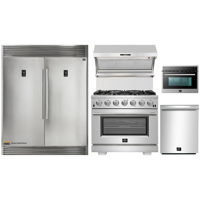 Forno 5-Piece Pro Appliance Package - 36-Inch Gas Range, 56-Inch Pro-Style Refrigerator, Wall Mount Hood with Backsplash, Microwave Oven, & 3-Rack Dishwasher in Stainless Steel FORNO