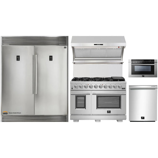 Forno 5-Piece Pro Appliance Package - 48-Inch Gas Range, 56-Inch Pro-Style Refrigerator, Wall Mount Hood with Backsplash, Microwave Drawer, & 3-Rack Dishwasher in Stainless Steel FORNO