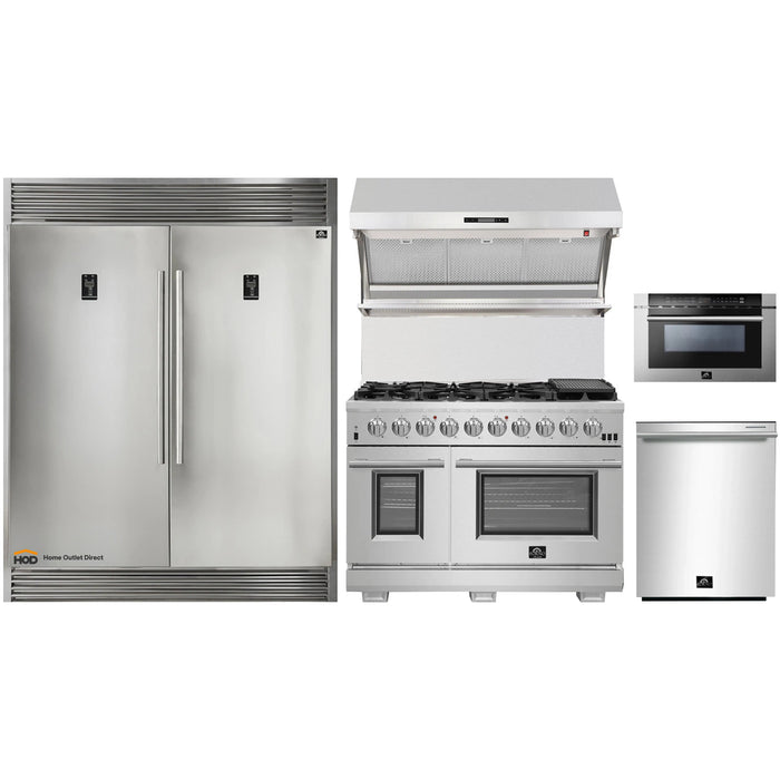 Forno 5-Piece Pro Appliance Package - 48-Inch Gas Range, 56-Inch Pro-Style Refrigerator, Wall Mount Hood with Backsplash, Microwave Drawer, & 3-Rack Dishwasher in Stainless Steel FORNO