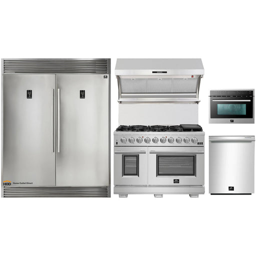 Forno 5-Piece Pro Appliance Package - 48-Inch Gas Range, 56-Inch Pro-Style Refrigerator, Wall Mount Hood with Backsplash, Microwave Oven, & 3-Rack Dishwasher in Stainless Steel FORNO