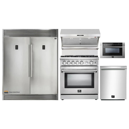 Forno 5-Piece Appliance Package - 30-Inch Gas Range, 56-Inch Pro-Style Refrigerator, Wall Mount Hood with Backsplash, Microwave Drawer, & 3-Rack Dishwasher in Stainless Steel FORNO