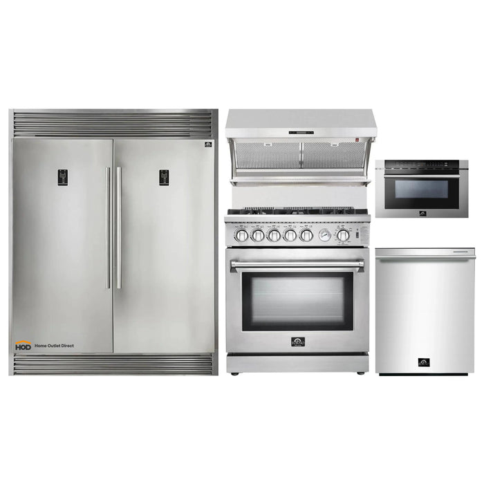 Forno 5-Piece Appliance Package - 30-Inch Gas Range, 56-Inch Pro-Style Refrigerator, Wall Mount Hood with Backsplash, Microwave Drawer, & 3-Rack Dishwasher in Stainless Steel FORNO