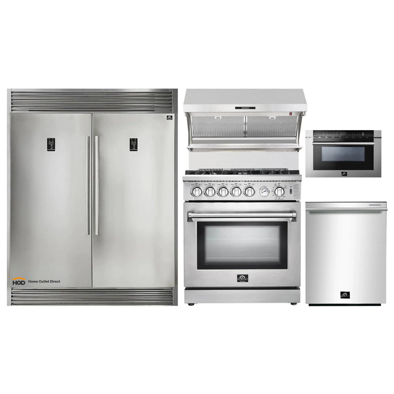 Forno 5-Piece Appliance Package - 30-Inch Gas Range, 56-Inch Pro-Style Refrigerator, Wall Mount Hood with Backsplash, Microwave Drawer, & 3-Rack Dishwasher in Stainless Steel