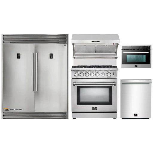 Forno 5-Piece Appliance Package - 30-Inch Gas Range, 56-Inch Pro-Style Refrigerator, Wall Mount Hood with Backsplash, Microwave Oven, & 3-Rack Dishwasher in Stainless Steel FORNO