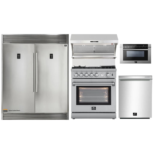 Forno 5-Piece Appliance Package - 30-Inch Gas Range with Air Fryer, 56-Inch Pro-Style Refrigerator, Wall Mount Hood with Backsplash, Microwave Drawer, & 3-Rack Dishwasher in Stainless Steel FORNO