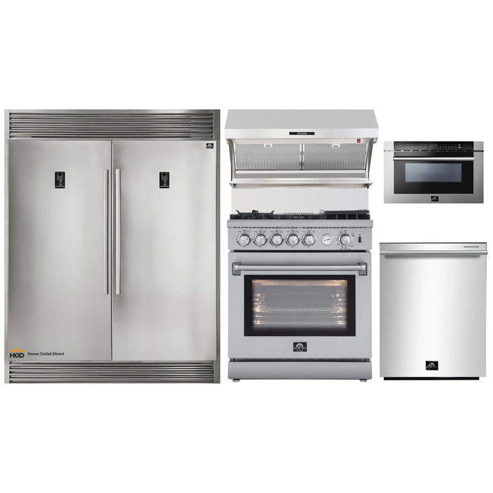 Forno 5-Piece Appliance Package - 30-Inch Gas Range with Air Fryer, 56-Inch Pro-Style Refrigerator, Wall Mount Hood with Backsplash, Microwave Drawer, & 3-Rack Dishwasher in Stainless Steel FORNO