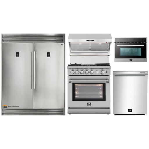 Forno 5-Piece Appliance Package - 30-Inch Gas Range with Air Fryer, 56-Inch Pro-Style Refrigerator, Wall Mount Hood with Backsplash, Microwave Oven, & 3-Rack Dishwasher in Stainless Steel FORNO