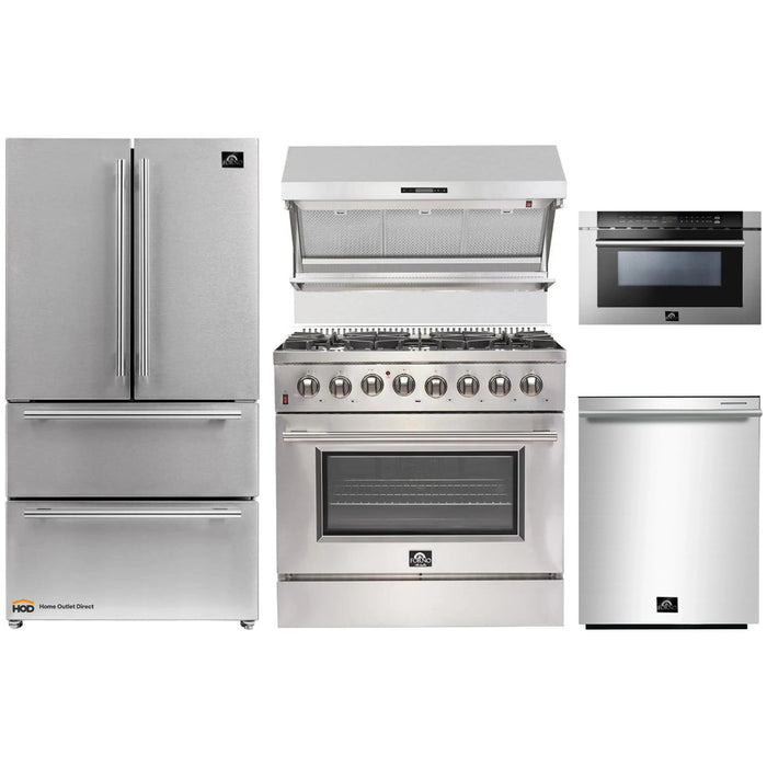Forno 5-Piece Appliance Package - 36-Inch Dual Fuel Range, Refrigerator, Wall Mount Hood with Backsplash, Microwave Drawer, & 3-Rack Dishwasher in Stainless Steel FORNO