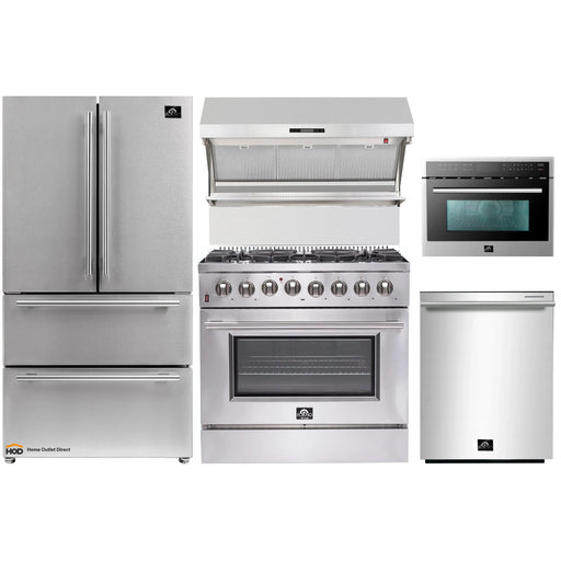 Forno 5-Piece Appliance Package - 36-Inch Dual Fuel Range, Refrigerator, Wall Mount Hood with Backsplash, Microwave Oven, & 3-Rack Dishwasher in Stainless Steel FORNO