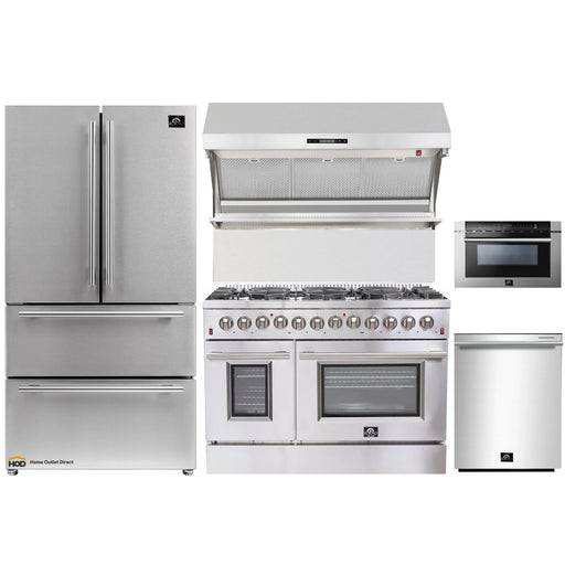 Forno 5-Piece Appliance Package - 48-Inch Dual Fuel Range, Refrigerator, Wall Mount Hood with Backsplash, Microwave Drawer, & 3-Rack Dishwasher in Stainless Steel FORNO