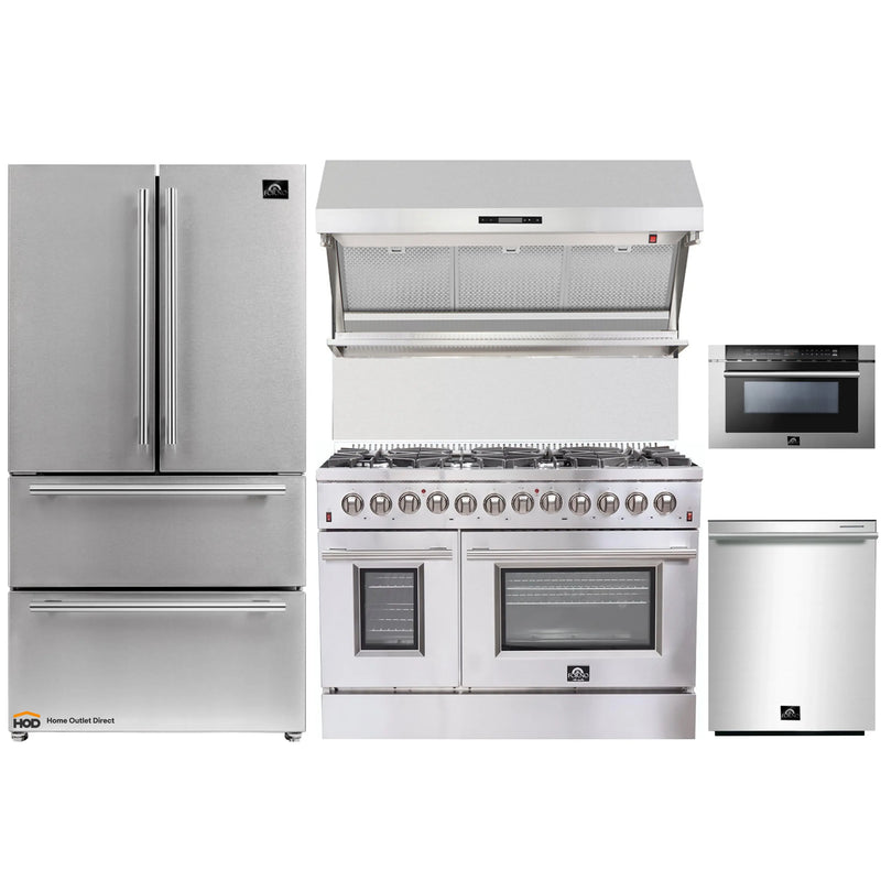 Forno 5-Piece Appliance Package - 48-Inch Dual Fuel Range, Refrigerator, Wall Mount Hood with Backsplash, Microwave Drawer, & 3-Rack Dishwasher in Stainless Steel