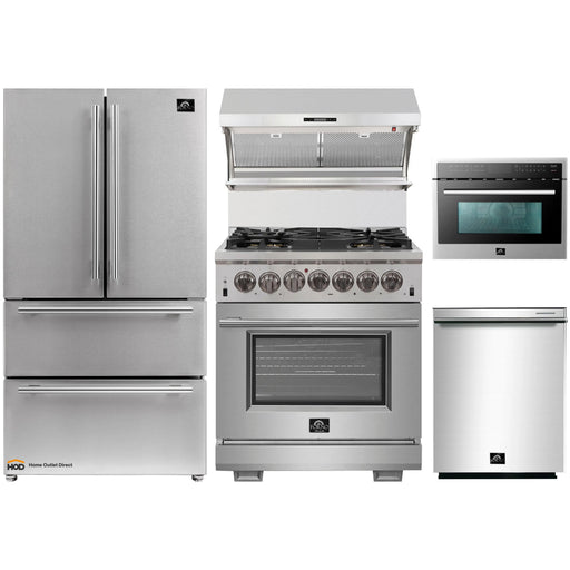 Forno 5-Piece Pro Appliance Package - 30-Inch Dual Fuel Range, Refrigerator, Wall Mount Hood with Backsplash, Microwave Oven, & 3-Rack Dishwasher in Stainless Steel FORNO