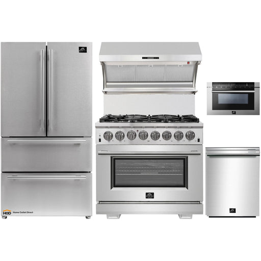 Forno 3-Piece Pro Appliance Package - 36" Dual Fuel Range, 36" Refrigerator, Wall Mount Hood with Backsplash in Stainless Steel FORNO