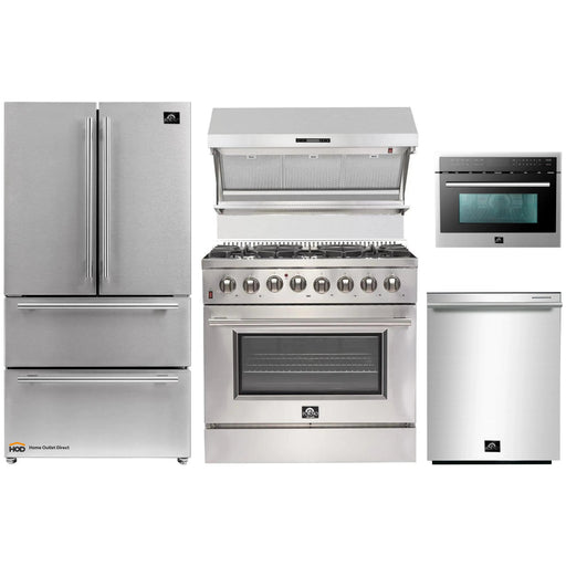 Forno 5-Piece Pro Appliance Package - 36" Dual Fuel Range, 36" Refrigerator, Wall Mount Hood with Backsplash, Microwave Drawer, & 3-Rack Dishwasher in Stainless Steel FORNO
