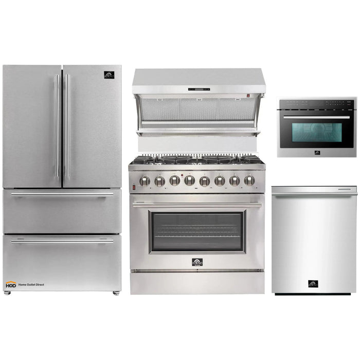 Forno 5-Piece Pro Appliance Package - 36" Dual Fuel Range, 36" Refrigerator, Wall Mount Hood with Backsplash, Microwave Drawer, & 3-Rack Dishwasher in Stainless Steel FORNO