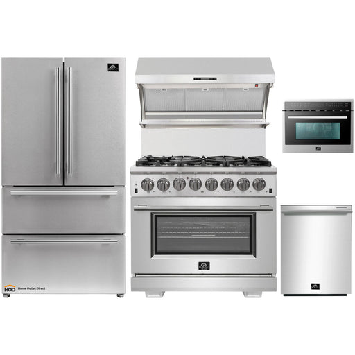 Forno 5-Piece Pro Appliance Package - 36-Inch Dual Fuel Range, Refrigerator, Wall Mount Hood with Backsplash, Microwave Oven, & 3-Rack Dishwasher in Stainless Steel FORNO