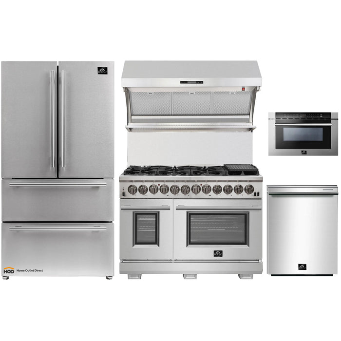 Forno 5-Piece Pro Appliance Package - 48-Inch Dual Fuel Range, Refrigerator, Wall Mount Hood with Backsplash, Microwave Drawer, & 3-Rack Dishwasher in Stainless Steel FORNO