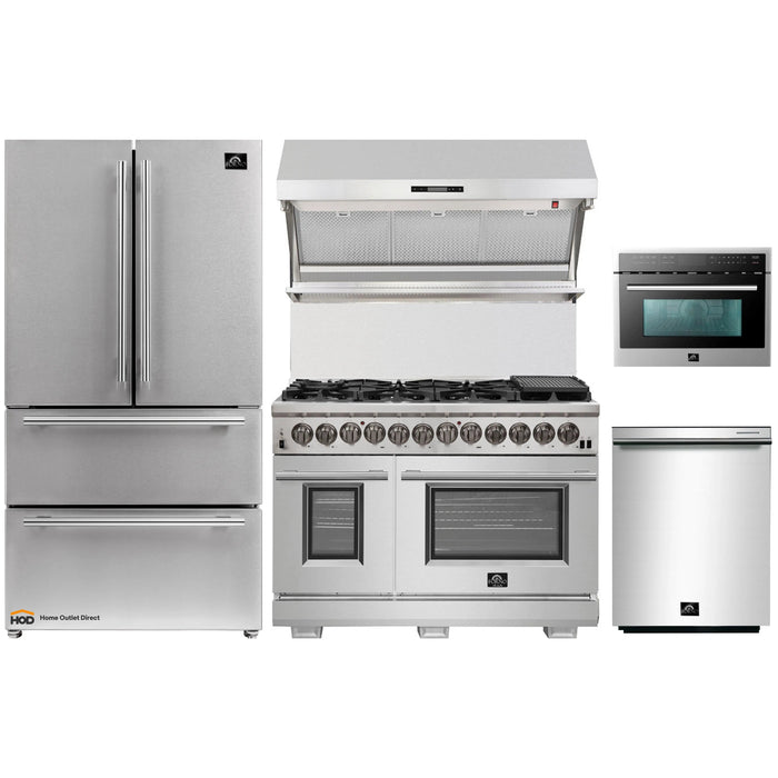 Forno 5-Piece Pro Appliance Package - 48-Inch Dual Fuel Range, Refrigerator, Wall Mount Hood with Backsplash, Microwave Oven, & 3-Rack Dishwasher in Stainless Steel FORNO