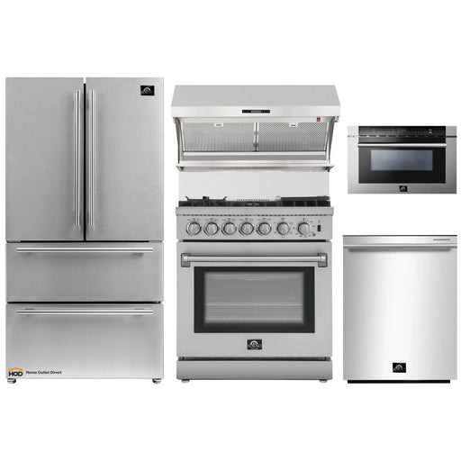 Forno 5-Piece Appliance Package - 30-Inch Dual Fuel Range with Air Fryer, Refrigerator, Wall Mount Hood with Backsplash, Microwave Drawer, & 3-Rack Dishwasher in Stainless Steel FORNO