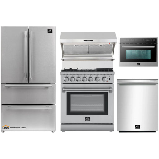 Forno 5-Piece Appliance Package - 30-Inch Dual Fuel Range with Air Fryer, Refrigerator, Wall Mount Hood with Backsplash, Microwave Oven, & 3-Rack Dishwasher in Stainless Steel FORNO