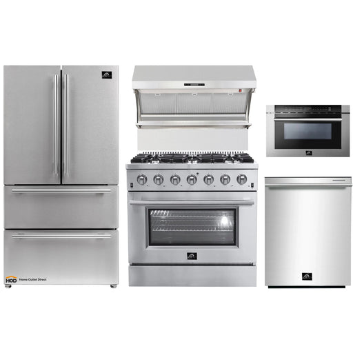 Forno 5-Piece Appliance Package - 36-Inch Gas Range, Refrigerator, Wall Mount Hood with Backsplash, Microwave Drawer, & 3-Rack Dishwasher in Stainless Steel FORNO