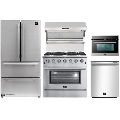 Forno 5-Piece Appliance Package - 36-Inch Gas Range, Refrigerator, Wall Mount Hood with Backsplash, Microwave Oven, & 3-Rack Dishwasher in Stainless Steel FORNO