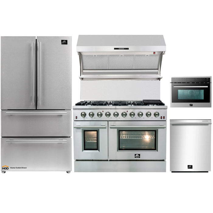 Forno 5-Piece Appliance Package - 48-Inch Gas Range, Refrigerator, Wall Mount Hood with Backsplash, Microwave Oven, & 3-Rack Dishwasher in Stainless Steel FORNO