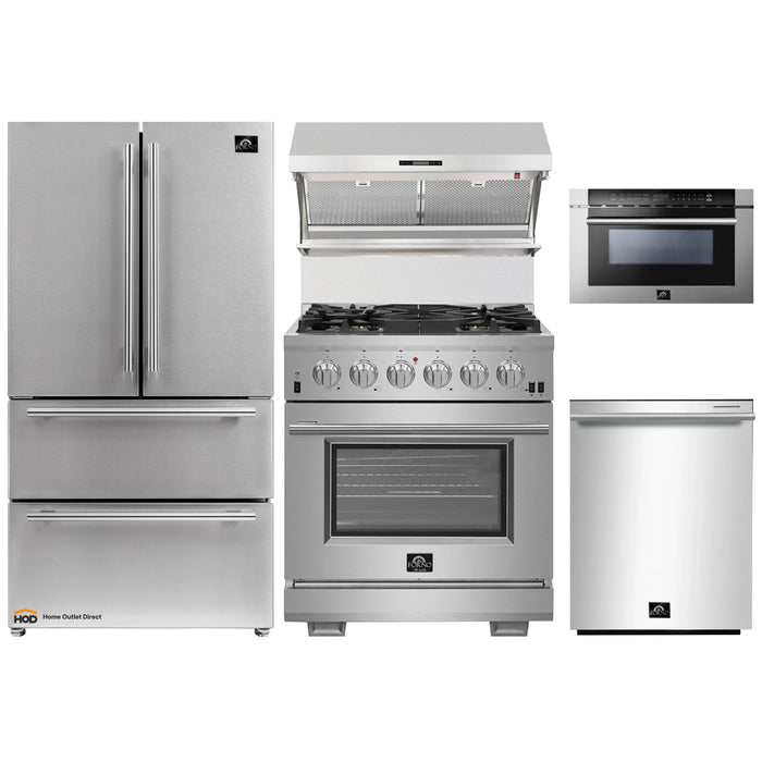 Forno 5-Piece Pro Appliance Package - 30-Inch Gas Range, Refrigerator, Wall Mount Hood with Backsplash, Microwave Drawer, & 3-Rack Dishwasher in Stainless Steel FORNO