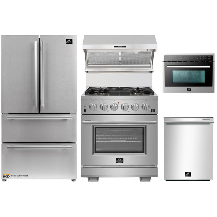 Forno 5-Piece Pro Appliance Package - 30-Inch Gas Range, 36-Inch Refrigerator Wall Mount Hood with Backsplash, Microwave Oven, & 3-Rack Dishwasher in Stainless Steel FORNO