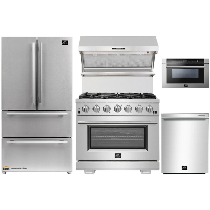 Forno 5-Piece Pro Appliance Package - 36-Inch Gas Range, Refrigerator, Wall Mount Hood with Backsplash, Microwave Drawer, & 3-Rack Dishwasher in Stainless Steel FORNO