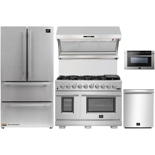 Forno 5-Piece Pro Appliance Package - 48-Inch Gas Range, Refrigerator, Wall Mount Hood with Backsplash, Microwave Drawer, & 3-Rack Dishwasher in Stainless Steel FORNO